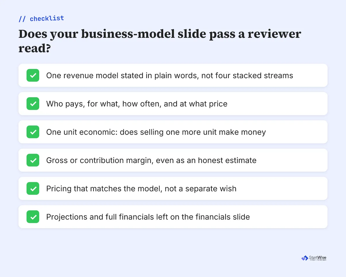 Business model slide checklist: one revenue model, who pays for what, one unit economic, margin, pricing that matches, financials kept separate