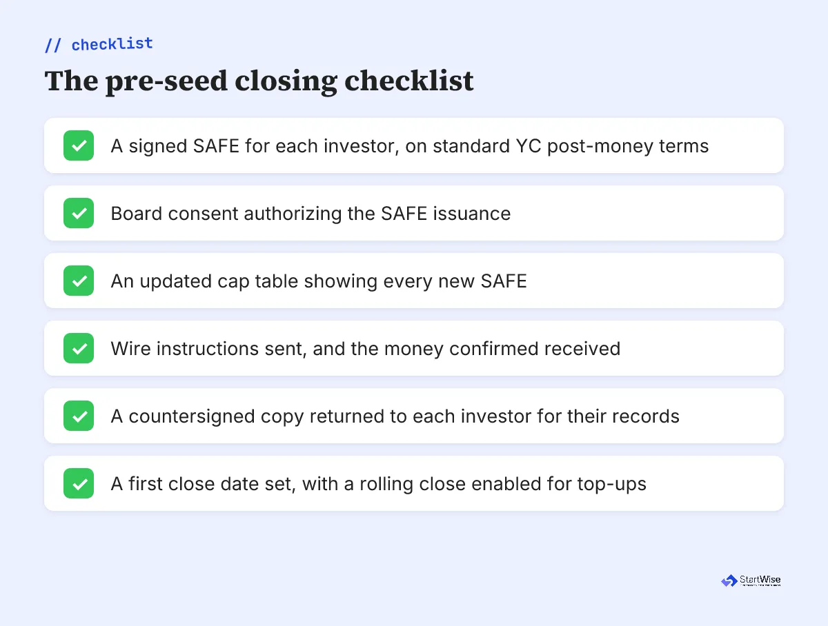 The pre-seed closing checklist showing the documents and steps to bank a signed SAFE