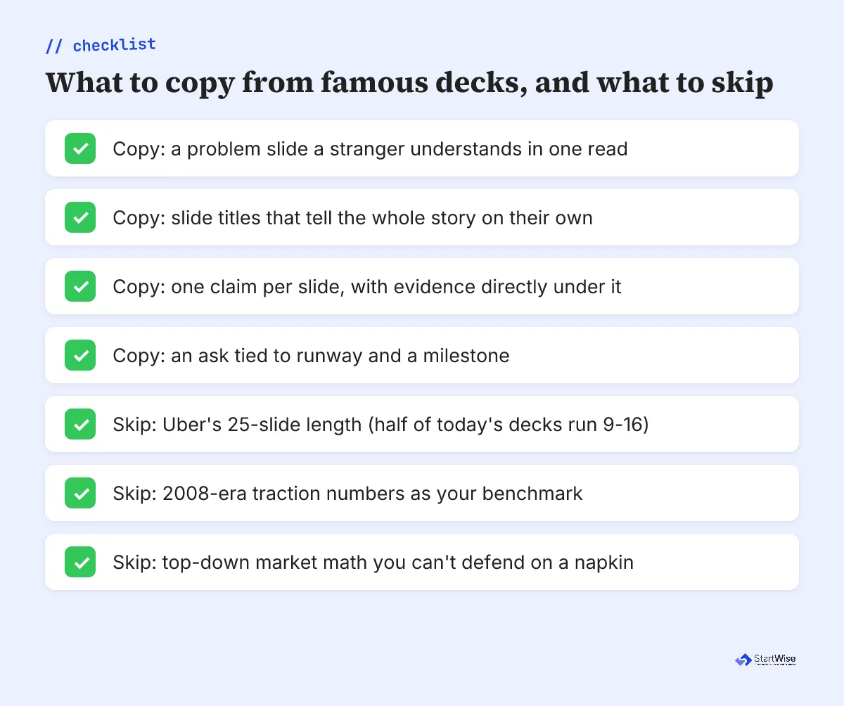 Checklist: what to copy from famous pitch decks and what to skip