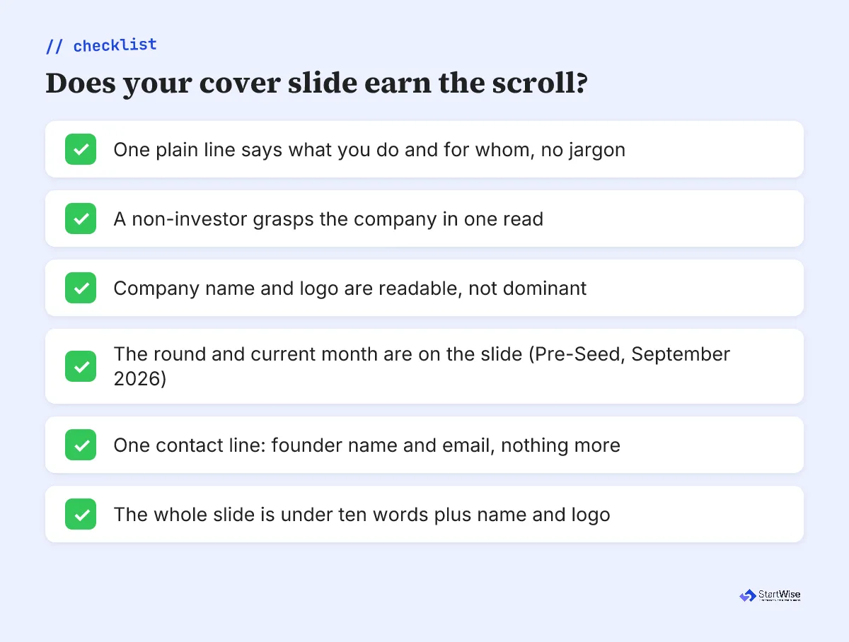 Checklist of what a fundable pitch deck cover slide includes