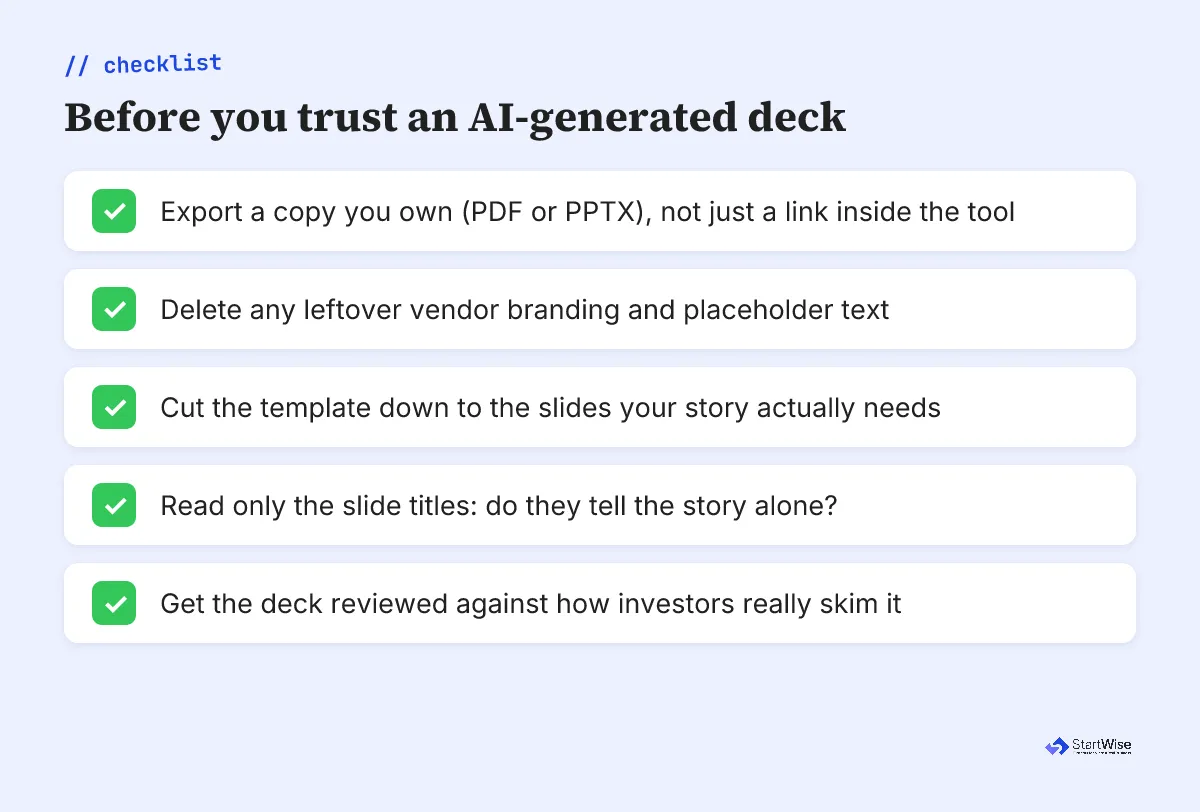 Checklist for vetting an AI generated pitch deck before sending it to investors