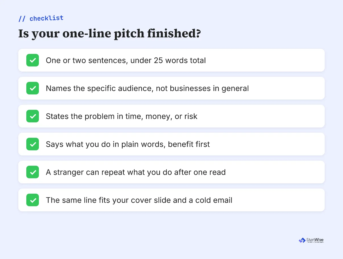 One-line pitch test checklist