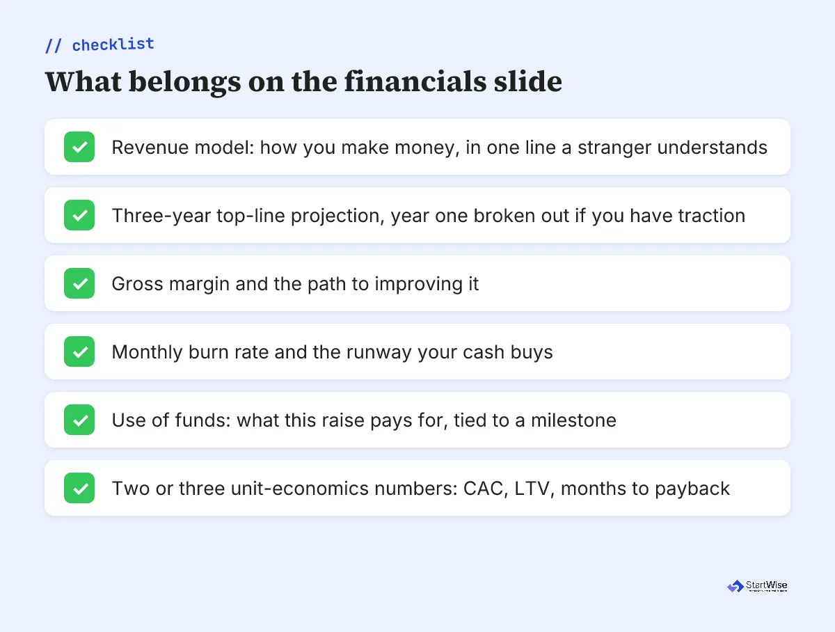 What belongs on the financials slide of a pitch deck from pre-seed to seed