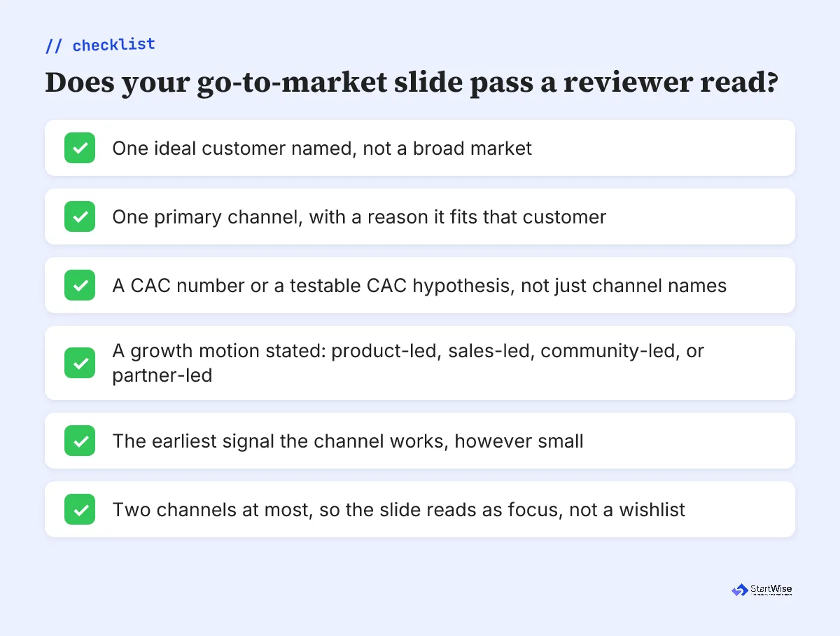 Go-to-market slide checklist: one customer, one channel, a CAC number, a growth motion, an early signal, two channels at most