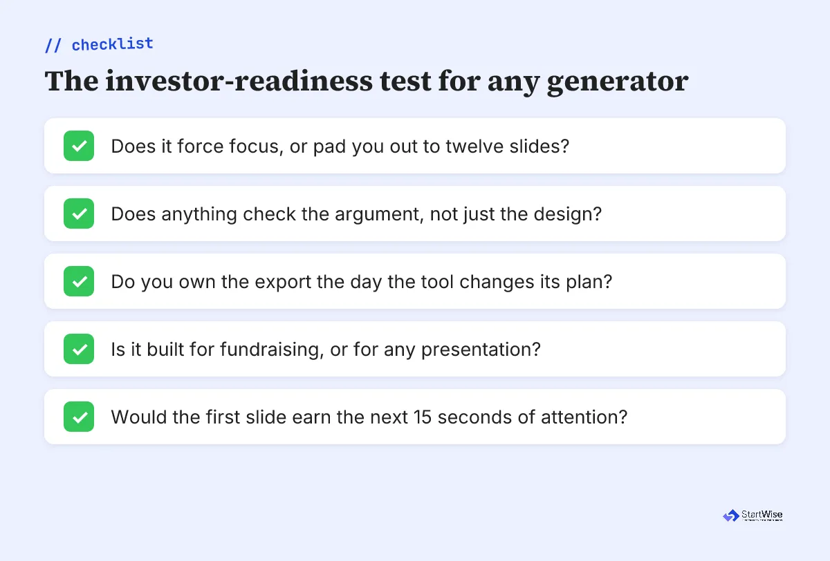 Checklist scoring an AI pitch deck generator on investor readiness