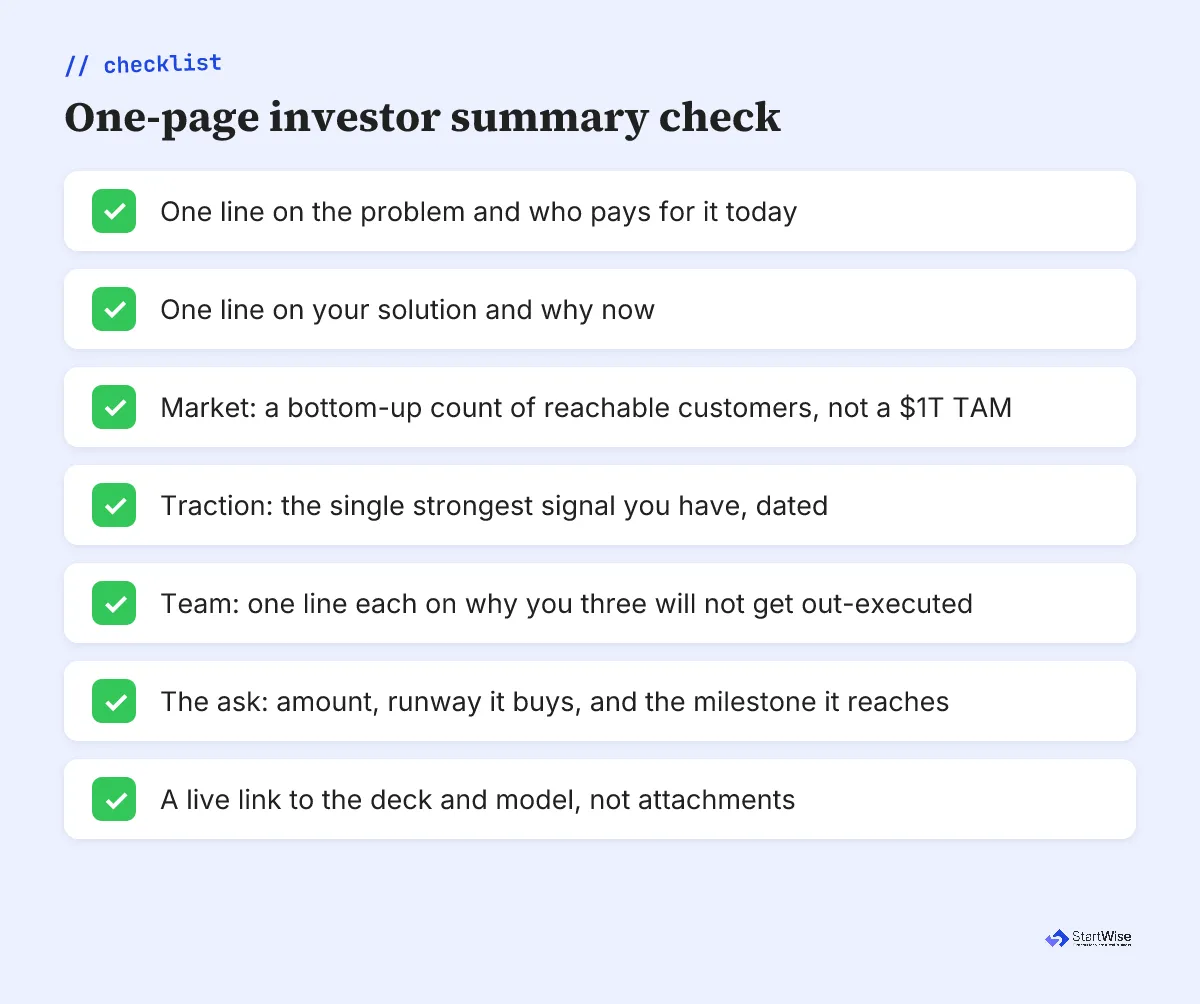 One-page investor summary check