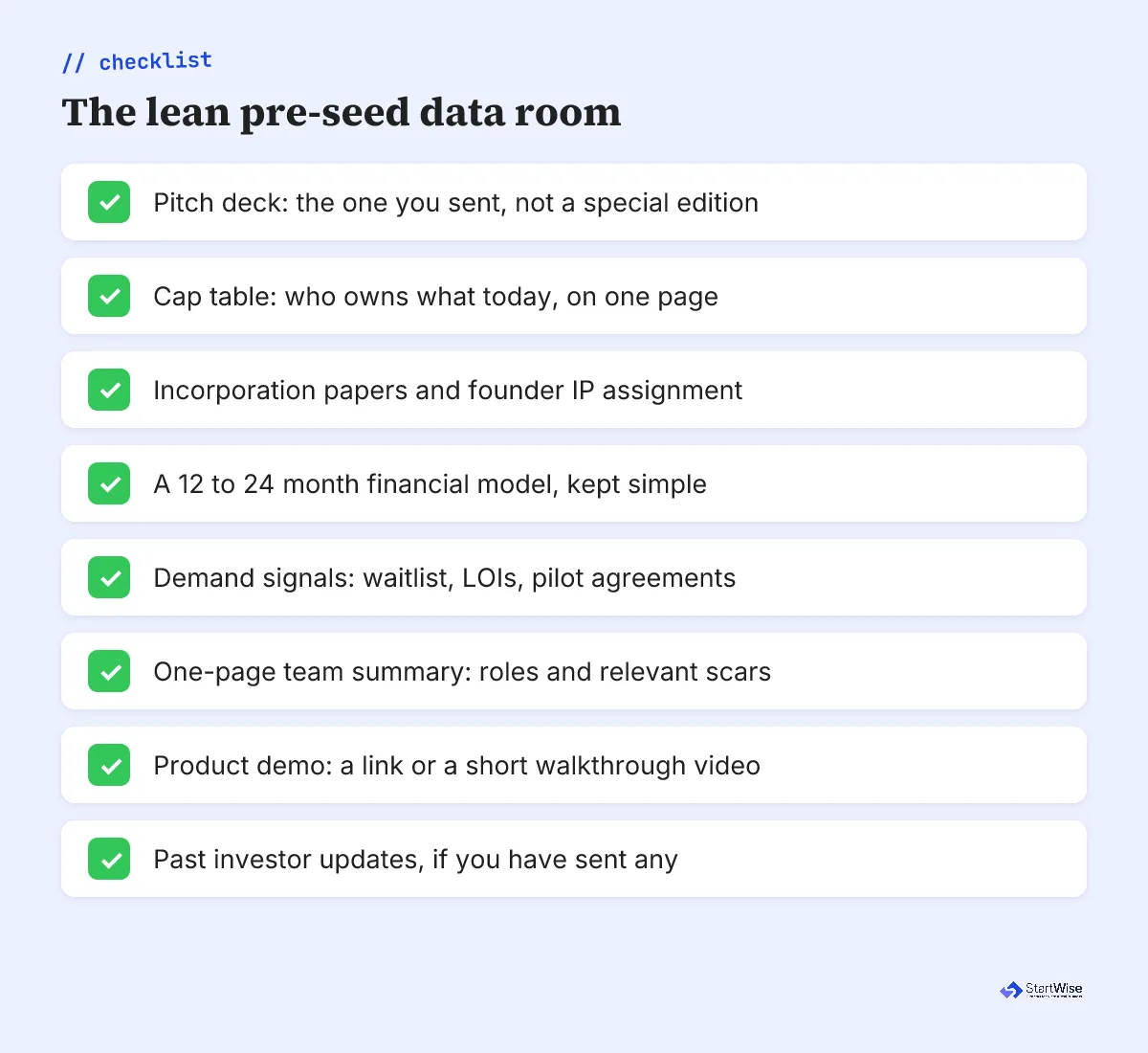 Lean pre-seed data room checklist of eight documents