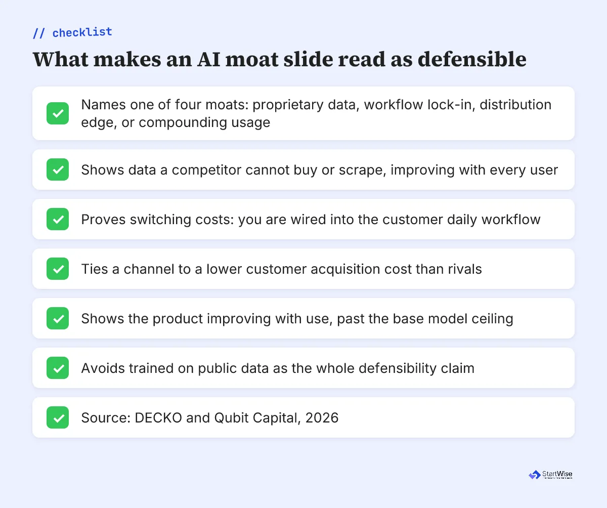 What makes an AI moat slide read as defensible, a six-point reviewer checklist for 2026