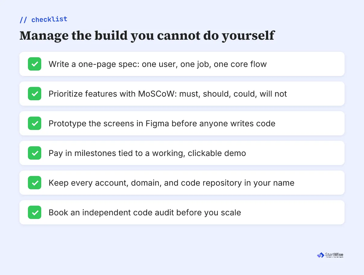 Checklist for managing an MVP build without a technical co-founder