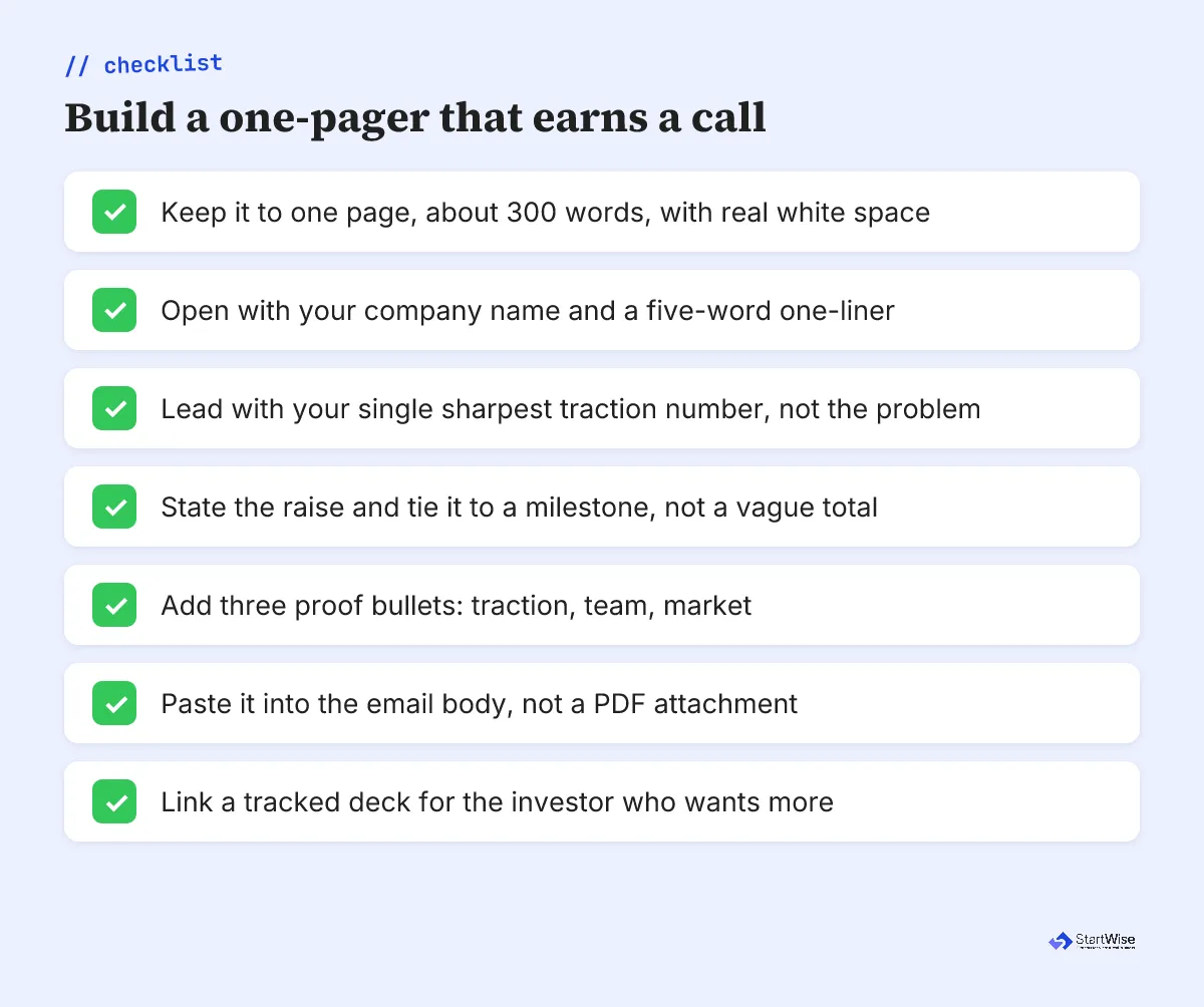 Checklist titled build a one-pager that earns a call with seven steps from length to sending it in the email body
