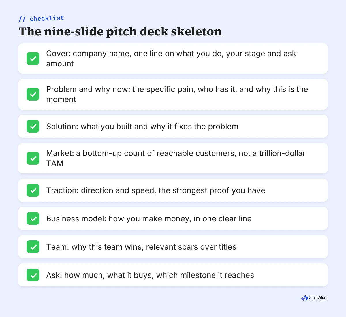 The nine slide pitch deck skeleton with one job per slide
