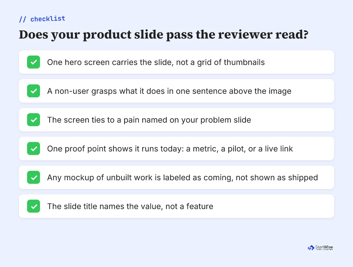 Product slide checklist a reviewer runs before the meeting