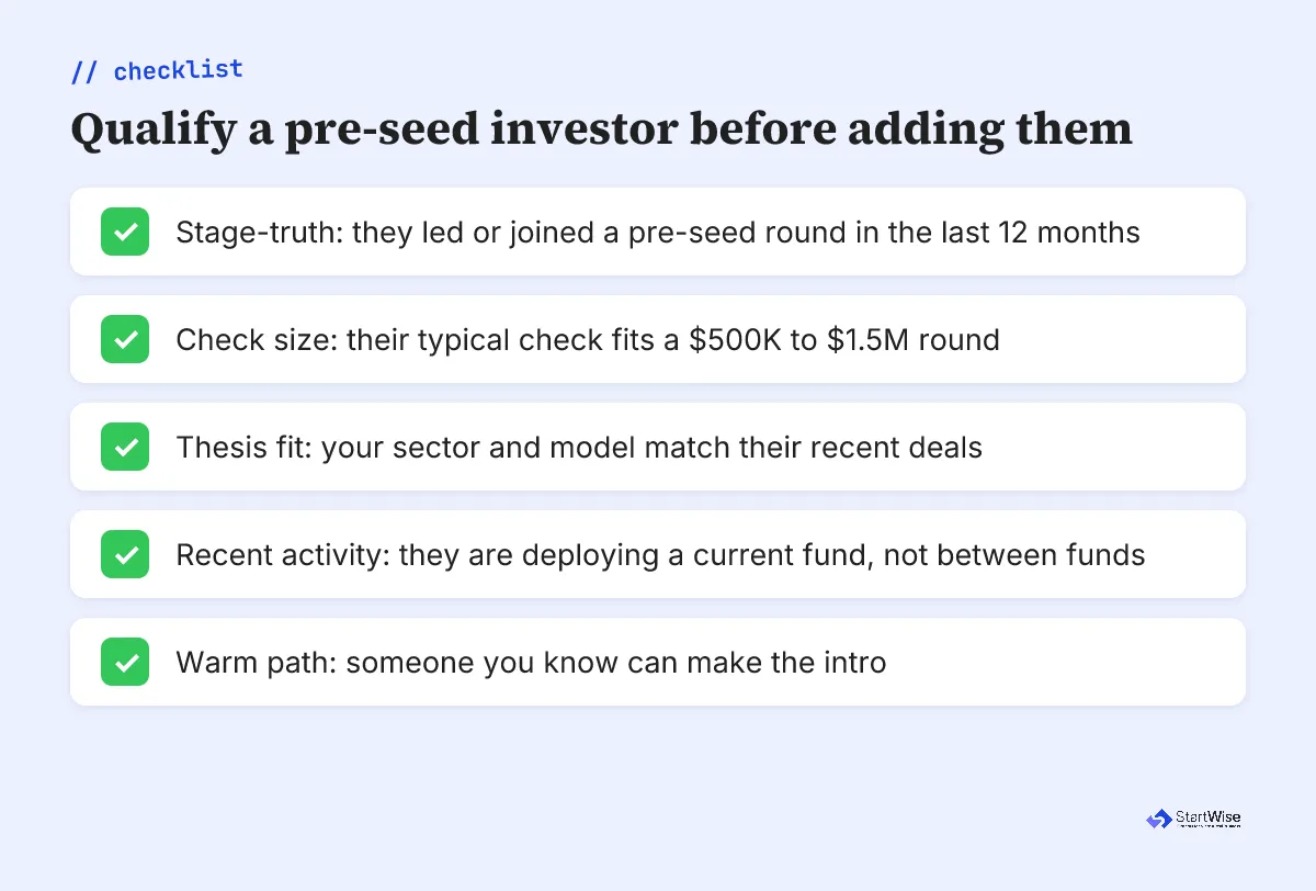 Checklist to qualify a pre-seed investor before adding them to your list