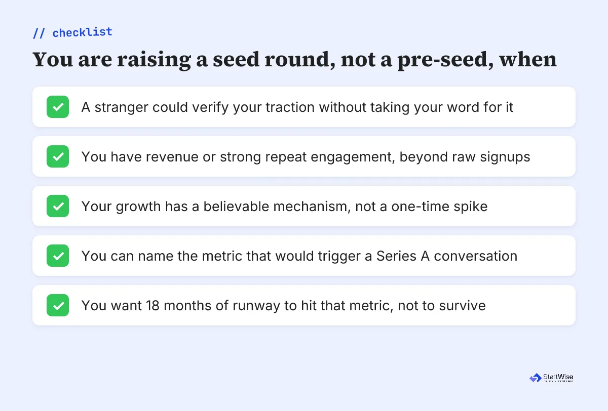 Checklist of evidence signals that show a startup is ready to raise a seed round rather than pre-seed