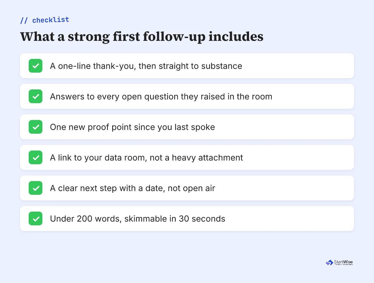 Checklist of what a strong first investor follow-up email includes