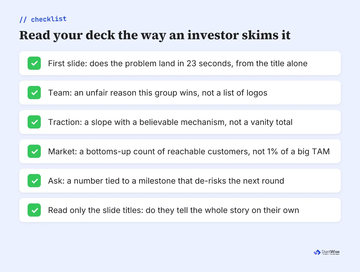 Checklist of the signals investors scan for on a pitch deck, mapped to the problem, team, traction, market, and ask slides